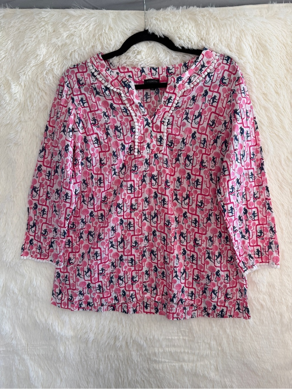Talbots Womens Preppy Monkey Print Blouse Size M Pink Blue Resortwear Cotton